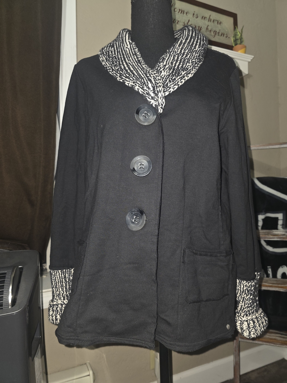 neon buddha Black Knit-Trim Button Front Pea Coat